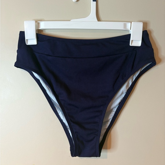 Cupshe Navy Blue Micro Ribbed High Waist High Leg Cheeky Bikini Bottom - Picture 1 of 5